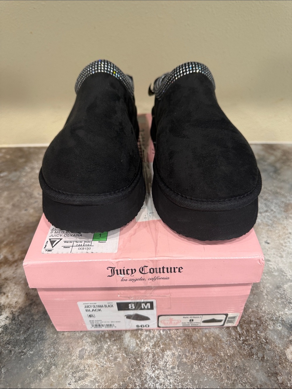 Juicy Couture Black Rhinestone-Trim Slip-On Platform Mules